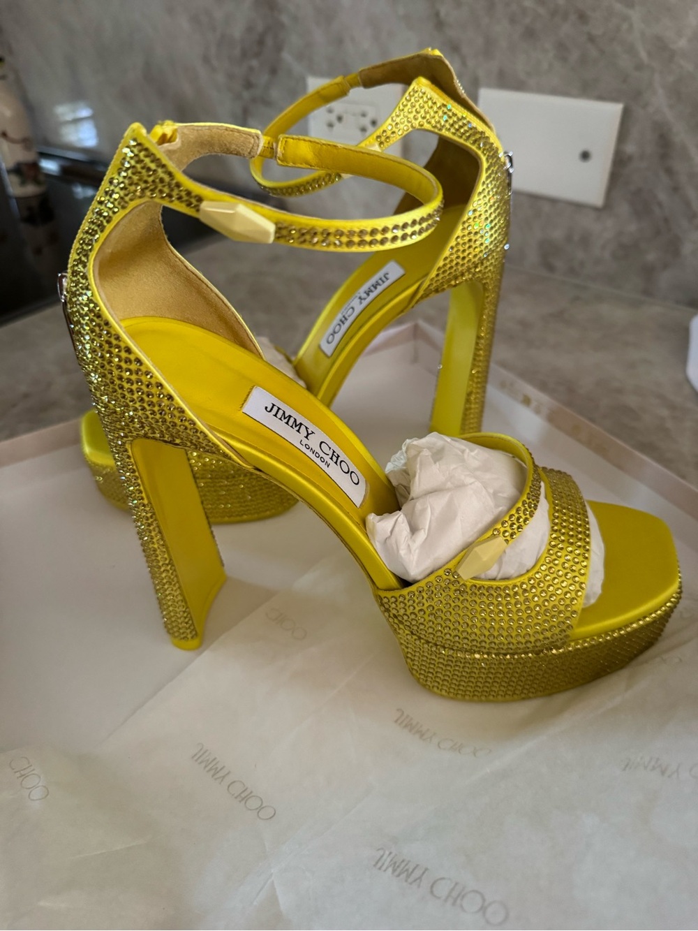 Jimmy Choo Yellow Crystal Embellished Platform Heels - Picture 2 of 9